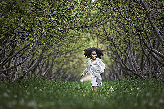 孩子,跑,自然,树林,隧道,树枝,拱形