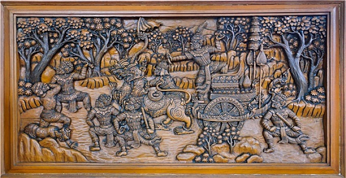 罗摩衍那,木头,雕刻,庙宇,墙壁,泰国