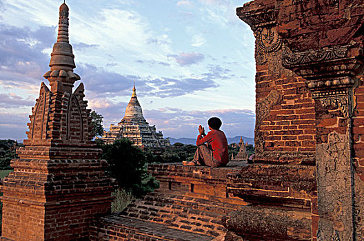 亚洲,缅甸,蒲甘,朝圣,祈祷,古老,庙宇,塔,日出