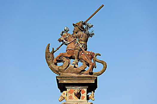 柱子,骑士纪念碑,市场,广场,罗腾堡,浪漫大道,中间,弗兰克尼亚,巴伐利亚,德国,欧洲