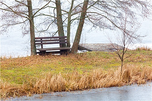 乡村,一个,木制长椅,河边,湖,岸边,户外