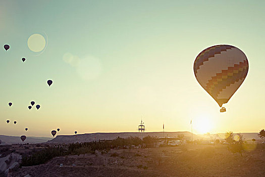 剪影,热气球,高处,卡帕多西亚,安纳托利亚,土耳其
