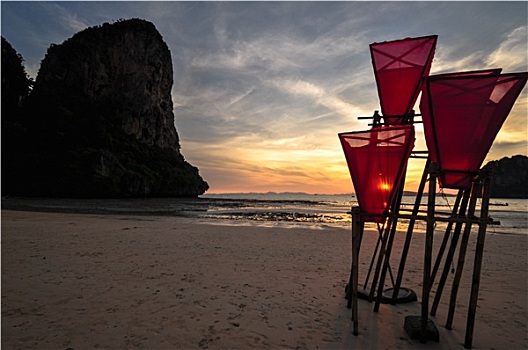 海滩,日落,甲米,泰国
