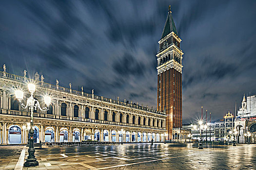 钟楼,夜晚,威尼斯,意大利