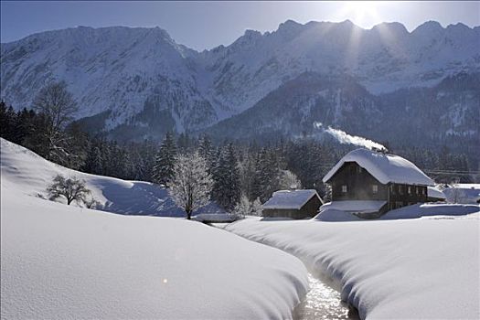 老,木屋,溪流,很多,雪,背景,山,施蒂里亚,奥地利