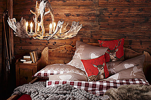 舒适,卧室,鹿角,灯,传统,木房子