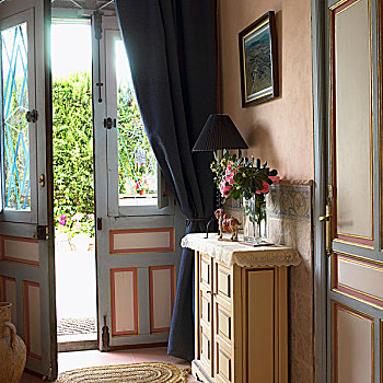 前厅,风景,打开,正面,门,传统,地中海,房子,软,粉色,蓝色