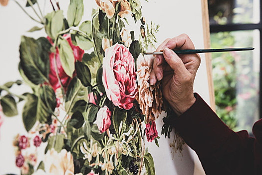 特写,艺术家,工作,绘画,粉色,茶,玫瑰,叶子,浆果,花