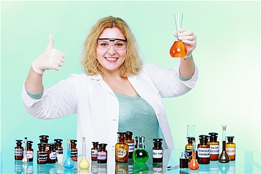 化学家,女人,玻璃器皿,竖大拇指,手势,隔绝