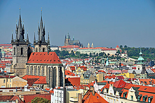 全景,风景,粉末,塔,泰恩教堂,古城区,布拉格,城堡,背影,波希米亚,捷克共和国,欧洲