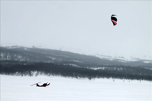 一个,男人,尝试,风筝冲浪,雪地,瑞典