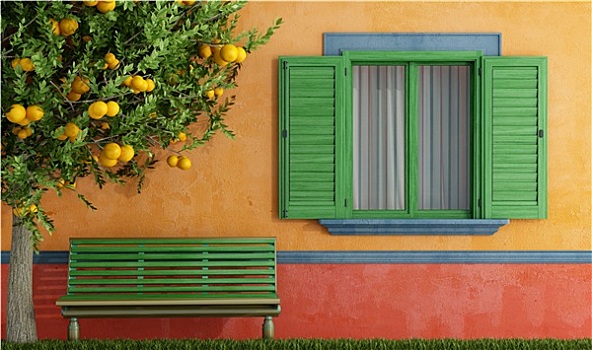 彩色,老,房子,木质,窗户,绿色,长椅