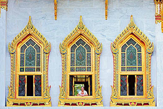 泰国,曼谷,云石寺,大理石庙宇,女人,看穿,窗户