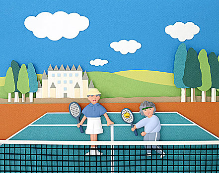 两个,老,夫妇,玩,网球