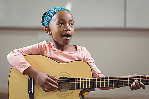 可爱,学生,唱,弹吉他,教室,学校