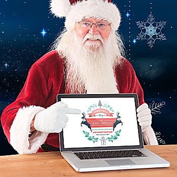 合成效果,图像,高兴,圣诞老人,展示,笔记本电脑,显示屏,雪花,悬挂,星空