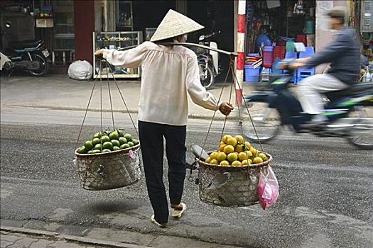 后视图,女人,销售,水果,河内,越南