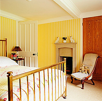 双人床,优雅,黄铜,传统,卧室,白色,黄色,条纹,壁纸