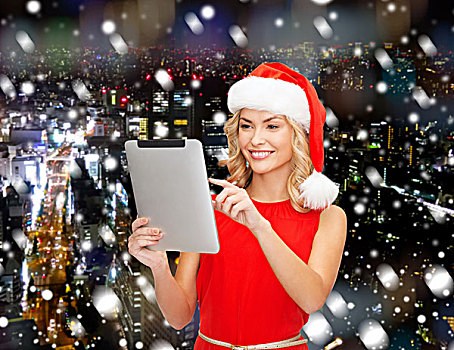 圣诞节,科技,礼物,人,概念,微笑,女人,圣诞老人,帽子,平板电脑,电脑,上方,雪,夜晚,城市,背景