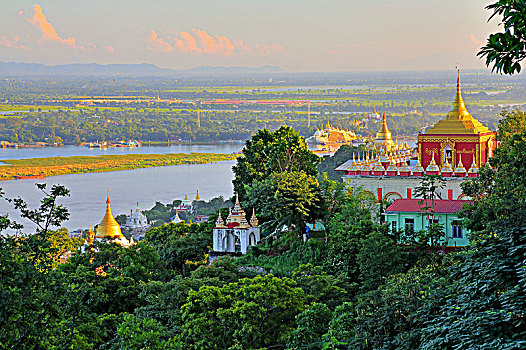 太阳,塔,山,传说,远眺,伊洛瓦底江,缅甸