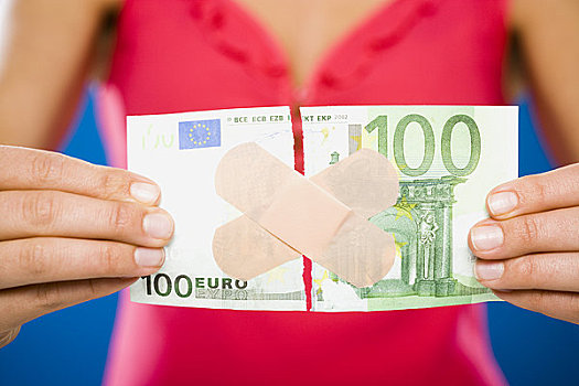 女人,撕破,100,美元,欧元,钞票,塑料制品