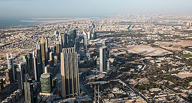 迪拜,市区,下午,场景,俯视,摩天大楼,道路,全景