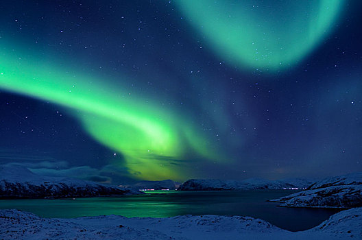 北极光,上方,峡湾,冬天,风景,特罗姆瑟,特罗姆斯,挪威北部,挪威,欧洲
