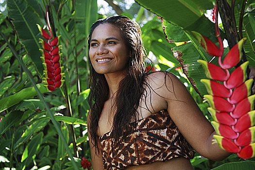 夏威夷,瓦胡岛,玻利尼西亚人,女性,穿,微笑,丛林,树林,海里康属植物,植物