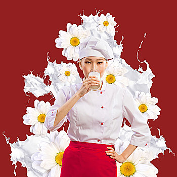 亚洲女性,烹饪,牛奶,红色,围裙,花,背景,喝