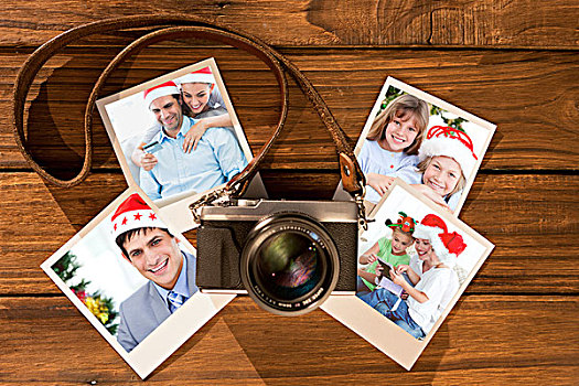 合成效果,图像,可爱,情侣,圣诞帽,网上购物,笔记本电脑,照片,木地板