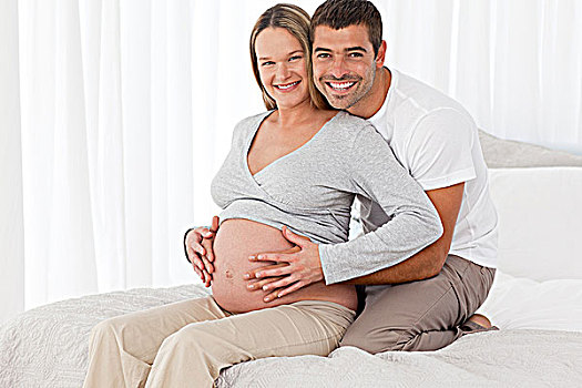 孕妇,接触,腹部,丈夫,坐,卧室