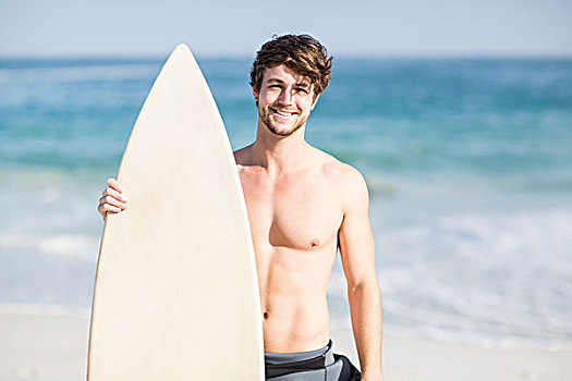 英俊,男人,拿着,冲浪板,海滩,晴天