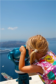 女孩,看,双筒望远镜,锡拉岛,希腊