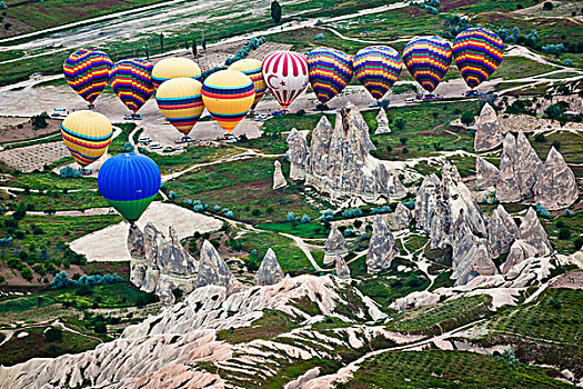 热气球,俯视,格雷梅山谷,卡帕多西亚,土耳其