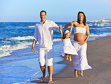 幸福之家,海滩,沙子,走,怀孕,母亲,女人