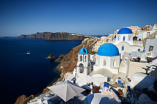 希腊,希腊群岛,爱琴海,基克拉迪群岛,圣托里尼岛,锡拉岛,希腊正教,蓝色,圆顶,乡村
