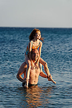 父亲,女儿,肩扛,水,海洋