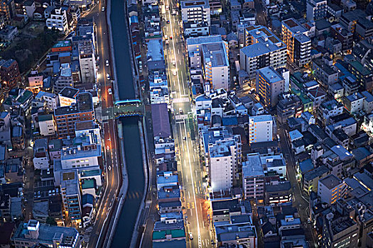 俯视,城市,公路,夜晚,东京,日本