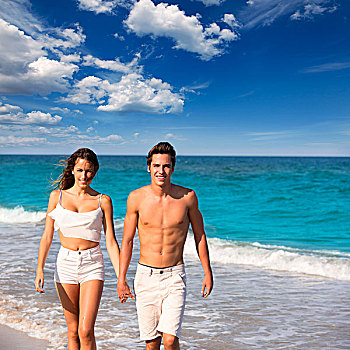 情侣,年轻,旅游,走,热带,地中海,海滩,沙子