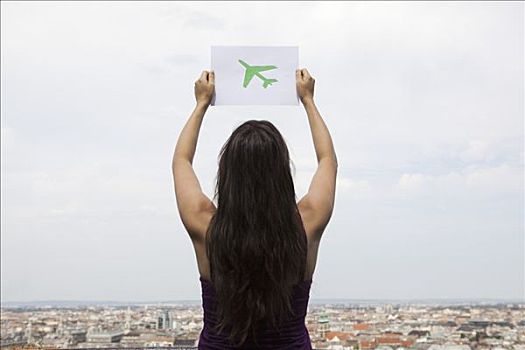 女人,拿着,纸,绿色,飞机