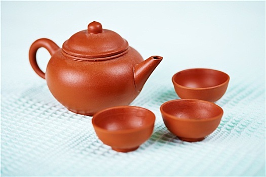 陶瓷,茶壶,杯子,蓝色背景,毛巾