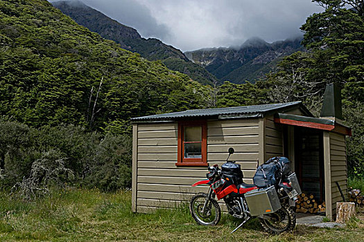 摩托车,正面,小屋,靠近,攀升,南岛,新西兰