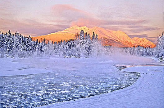 河,不列颠哥伦比亚省,早晨,日出,高山辉,霜,雪,冰
