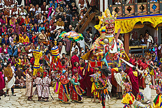 亚洲,帕罗宗,不丹,舞者,庆贺,运输,巨大,头像,仪式,院落