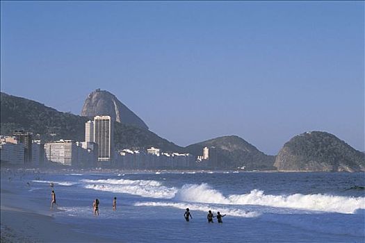 巴西,里约热内卢,科巴卡巴纳海滩,人,游泳,建筑