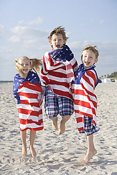 三个,儿童,美国国旗,毛巾,海滩