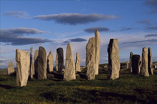 日落,上方,中心,圆,卡拉尼西,古老,巨石阵,约会,背影,新石器时代,生动,史前遗址,赫布里底群岛,苏格兰