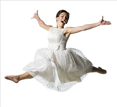 女人,白色长裙,跳跃