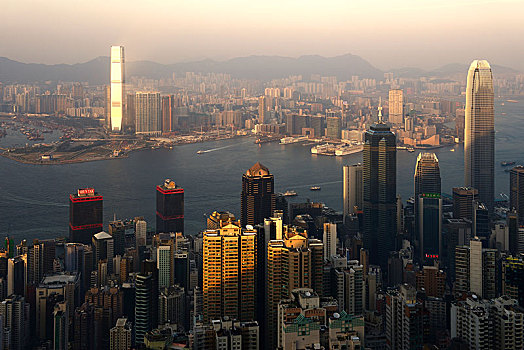 风景,顶峰,天际线,光亮,塔楼,国际,中心,商业,香港,中国,亚洲