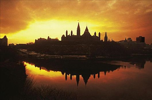 北美,加拿大,渥太华,议会,剪影,反射,黃昏,晚间,日落,橙色,全景,城市,塔,湖
